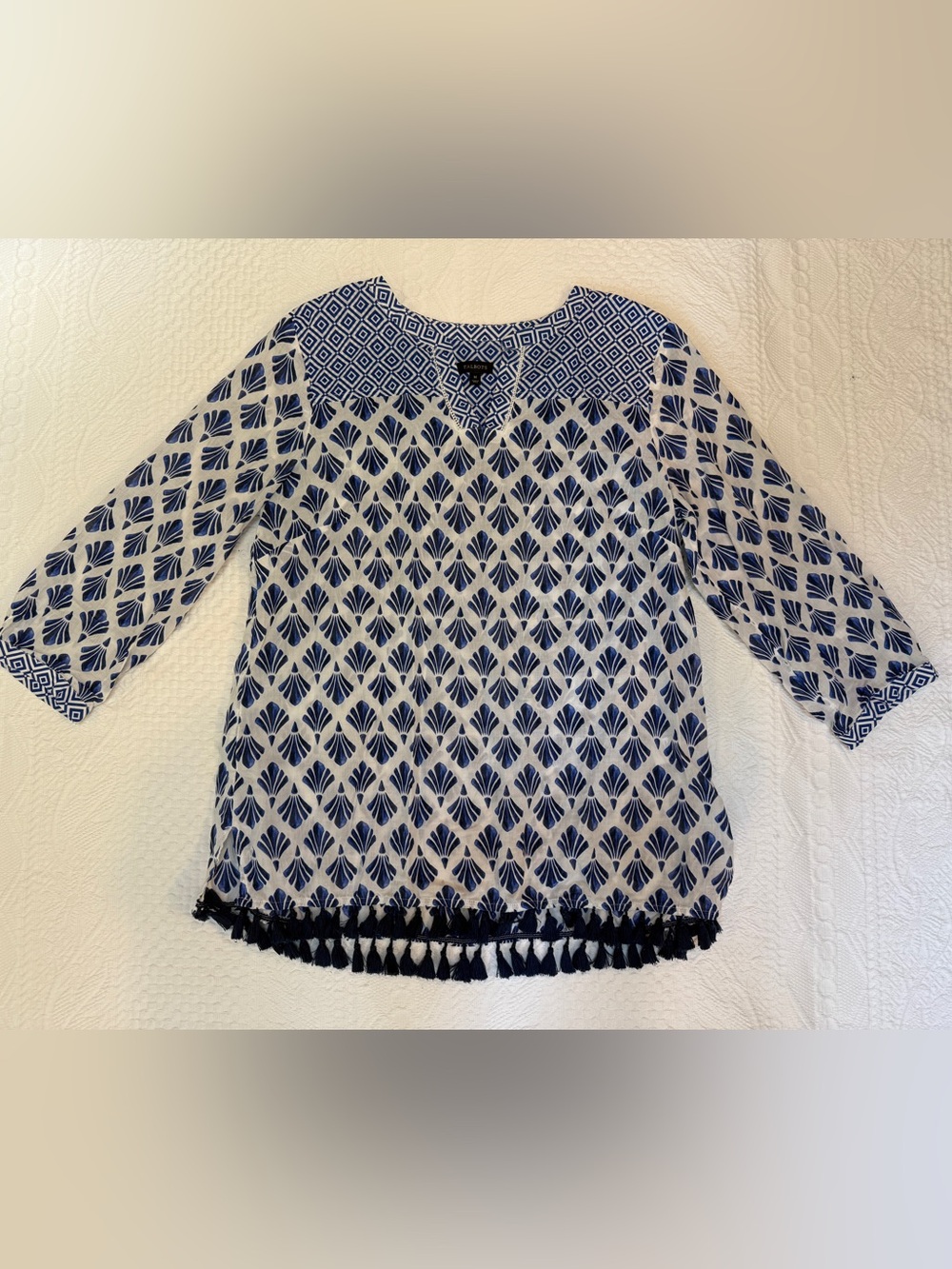 Talbots Blue White Cotton Tunic Blouse Size M Geometric Print Tassel Hem Top